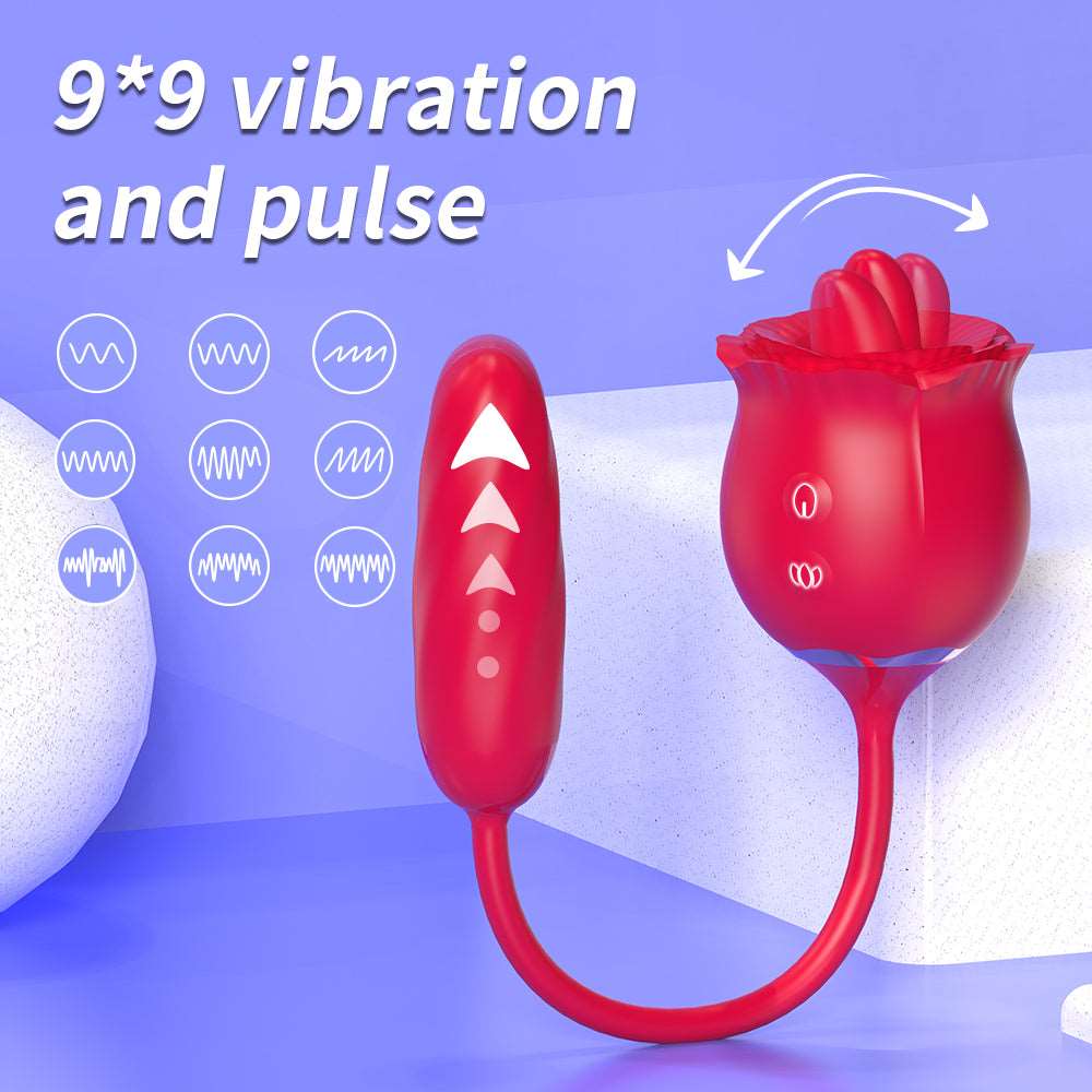 Lurevibe - 2 In 1 Rose Toy Thrusting Dildo Vibrator With 9 Tongue Licking 9 Thrusting Vibrating