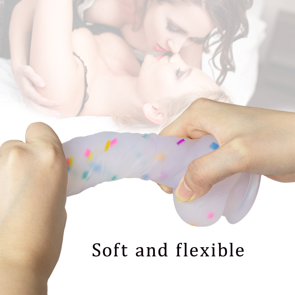 7.1in Jelly Particles Rainbow Transparent Realistic Dildo With Suction Cup - Lurevibe