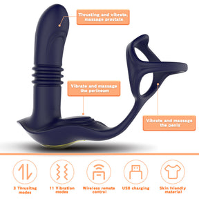 3-in-1 Remote Control Retractable Vibrating Prostate Massager With Penis Ring