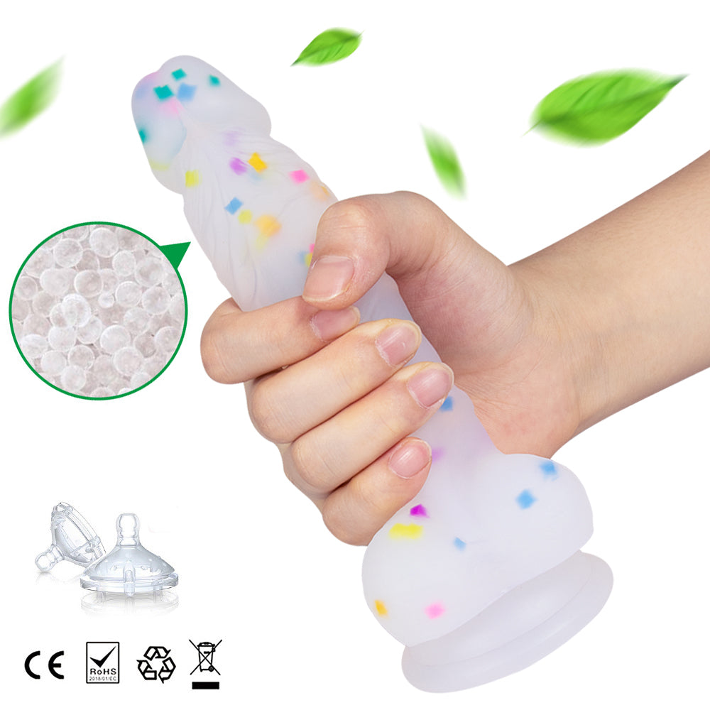 7.1in Jelly Particles Rainbow Transparent Realistic Dildo With Suction Cup - Lurevibe