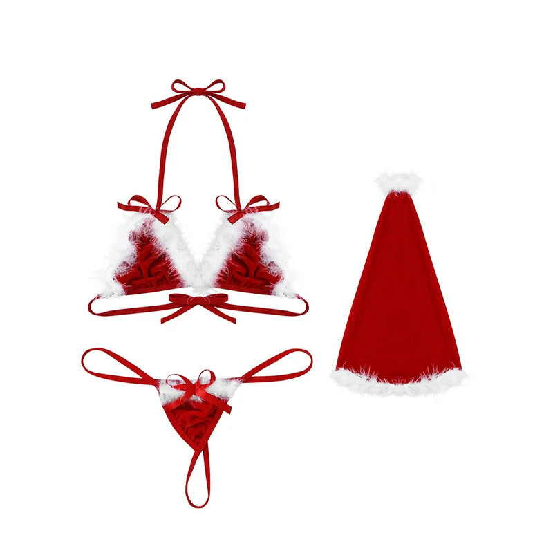 Lurevibe - Christmas Set Women Sexy Lingerie Red Babydoll Lace Dress Sleepwear Costume - Lurevibe