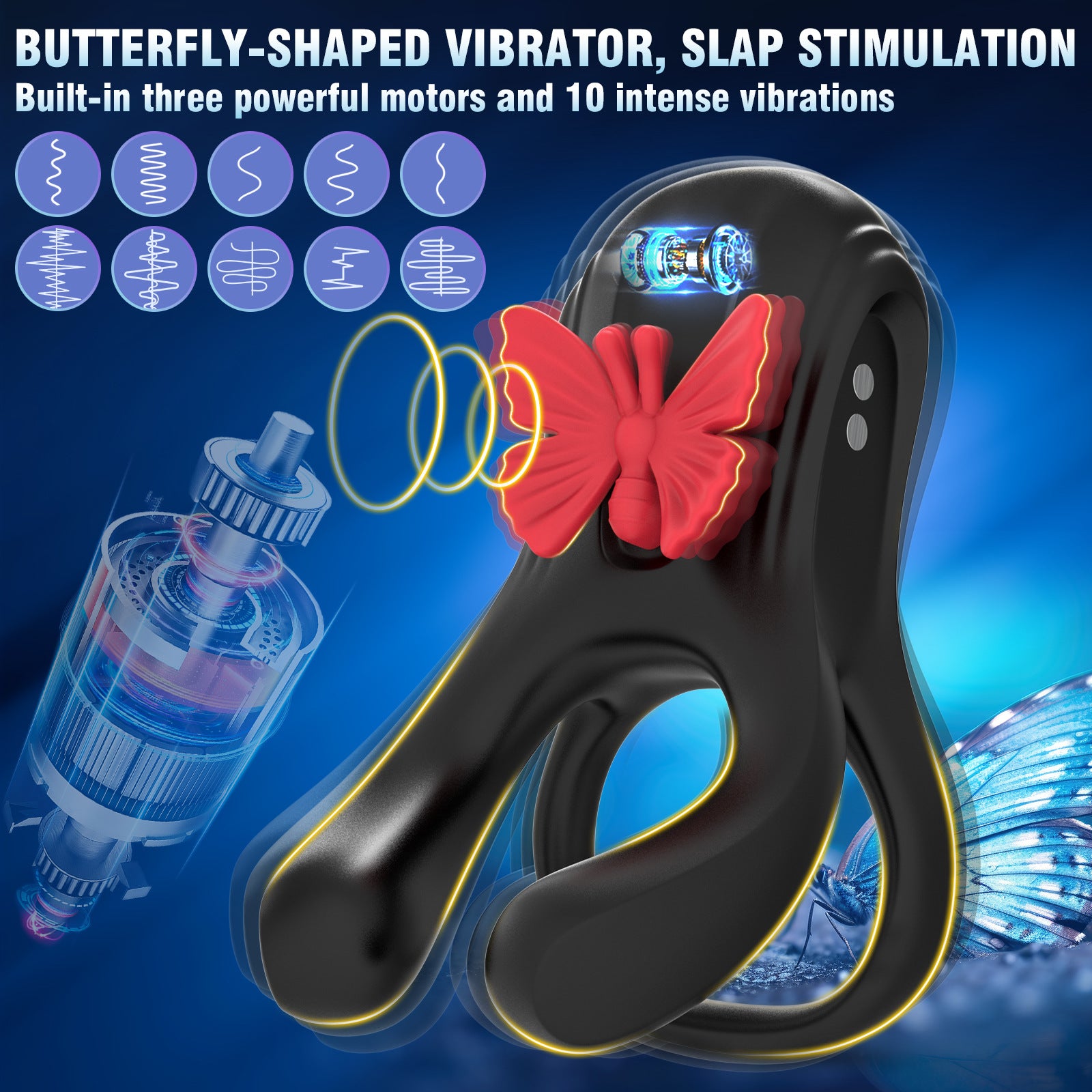 3 in 1 Butterfly Cock Ring 3 Motors 10 Modes Erection Enhancing Vibration Penis Vibrator - Lurevibe