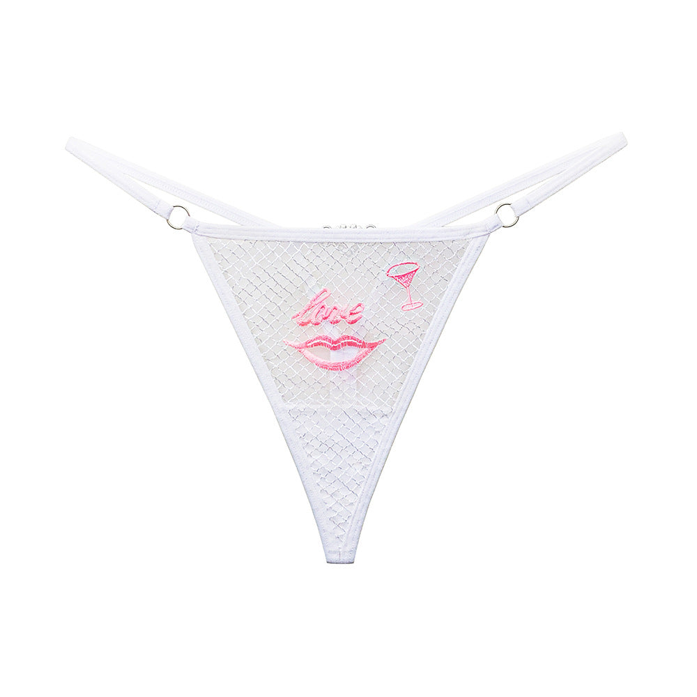 "Love" Red Lips Sexy Embroidery Mesh Women Thong with Diamonds