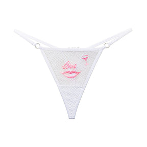 "Love" Red Lips Sexy Embroidery Mesh Women Thong with Diamonds