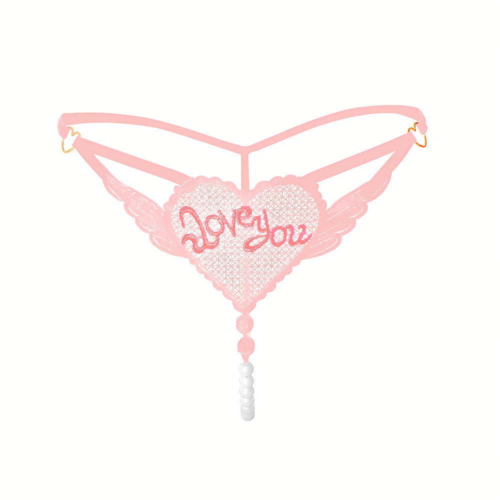 "Love You" Sexy Open Crotch Mesh Underwear With Pearls