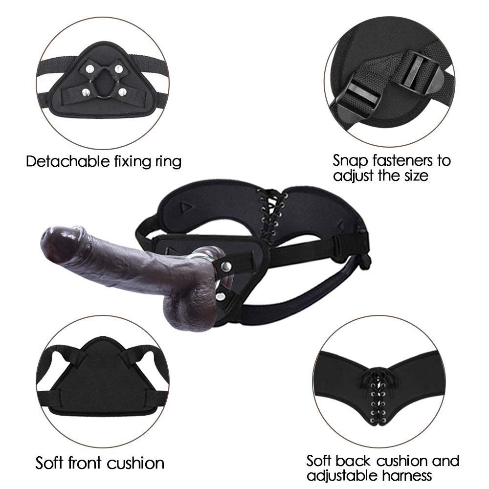 Strap-on Dildo Realistic Silicone Dildo with Wearable Sex Harness for Couple Pegging Women Lesbian Sex Fun, 7.6'' (Black) - Lurevibe