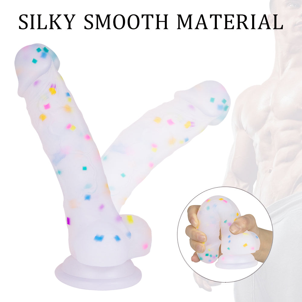 7.1in Jelly Particles Rainbow Transparent Realistic Dildo With Suction Cup - Lurevibe