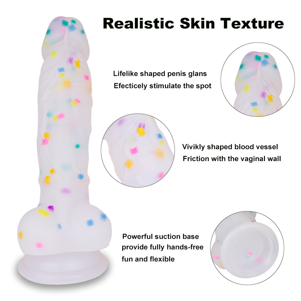 7.1in Jelly Particles Rainbow Transparent Realistic Dildo With Suction Cup - Lurevibe