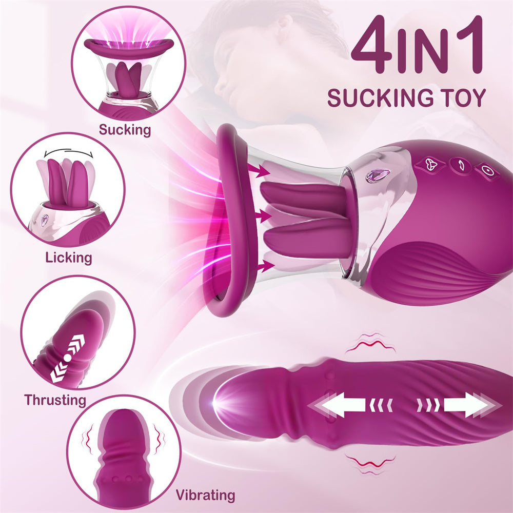Lurevibe - Rose Sex Toy 4 In1 Tongue Licking Thrusting G Spot Vibrator Clitoral Nipple Sucker Pump Stimulator - Lurevibe