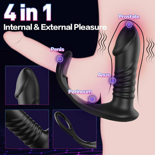 Lurevibe - 10 Thrilling Vibration 3 Thrusting Silicone Remote Control Cock Ring Anal Vibrator - Lurevibe