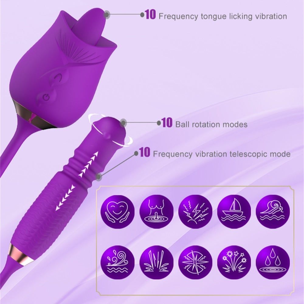 Lurevibe - Purple Rose Toy Rotating Pearls Telescopic Tongue-licking V