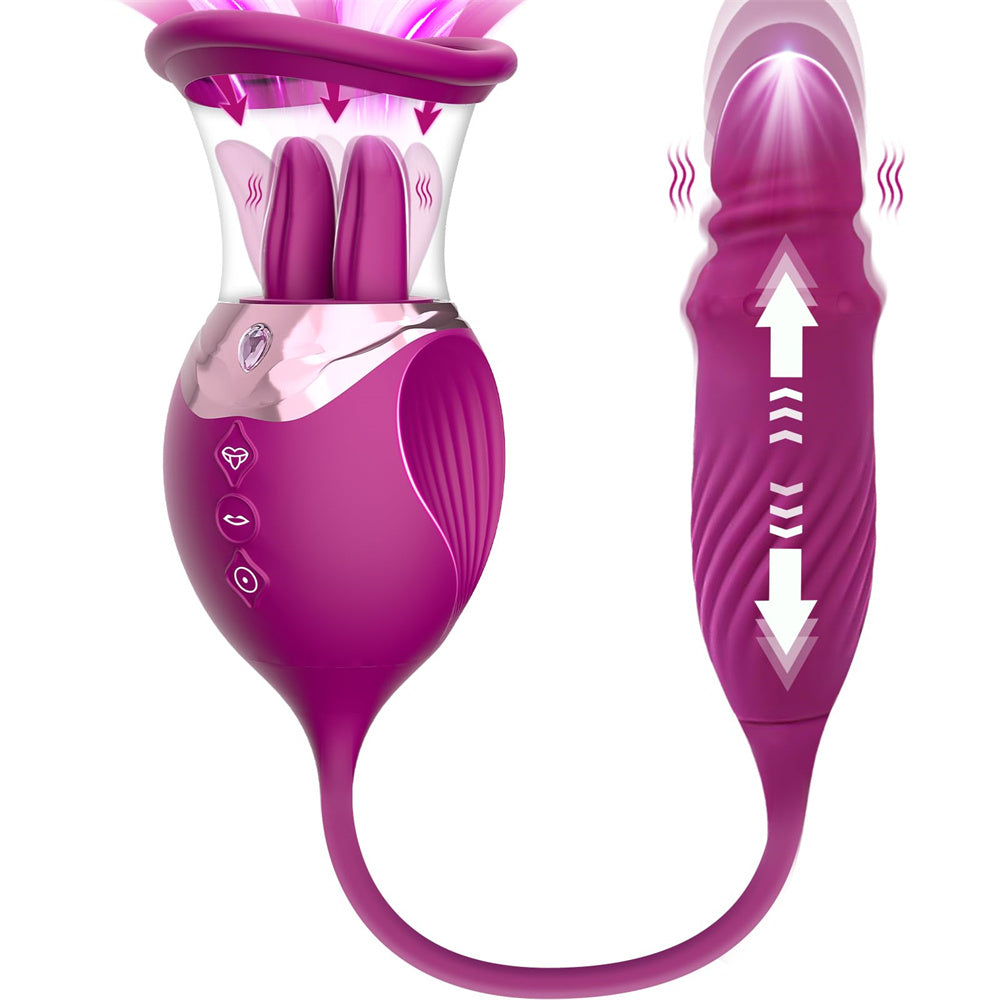 Lurevibe - Rose Sex Toy 4 In1 Tongue Licking Thrusting G Spot Vibrator Clitoral Nipple Sucker Pump Stimulator - Lurevibe