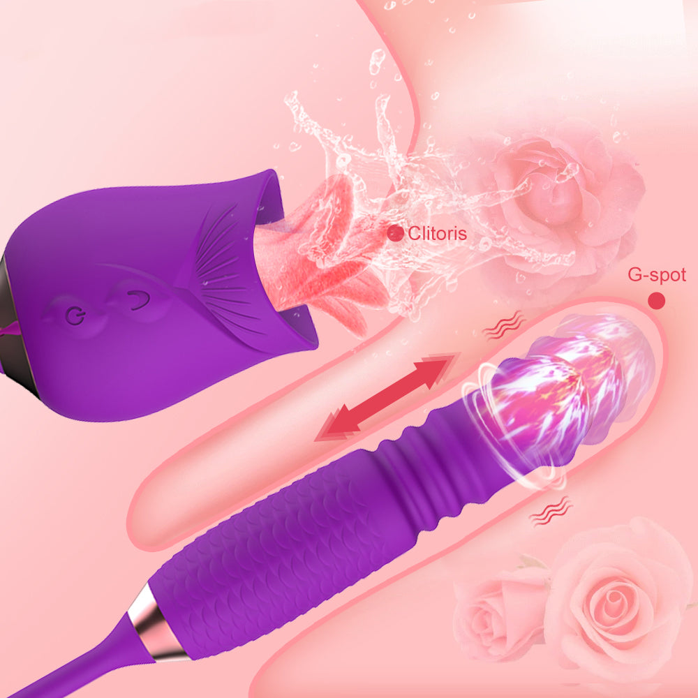 Lurevibe - Purple Rose Toy Rotating Pearls Telescopic Tongue-licking Vibrator - Lurevibe